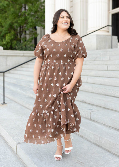 Modest walnut floral embroidered dress in plus size with a wide v-neck with short sleeves at Lena Layne