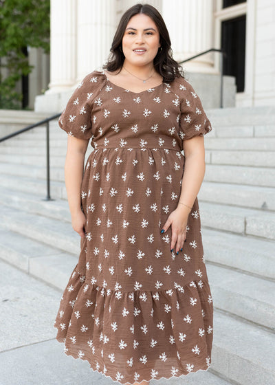 Modest short sleeve walnut floral embroidered dress in plus size