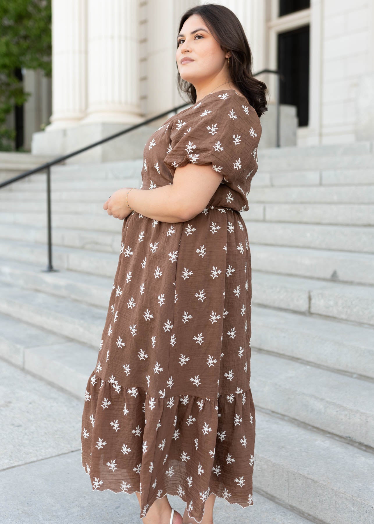 Side view of the plus size walnut  floral embroidered dress 
