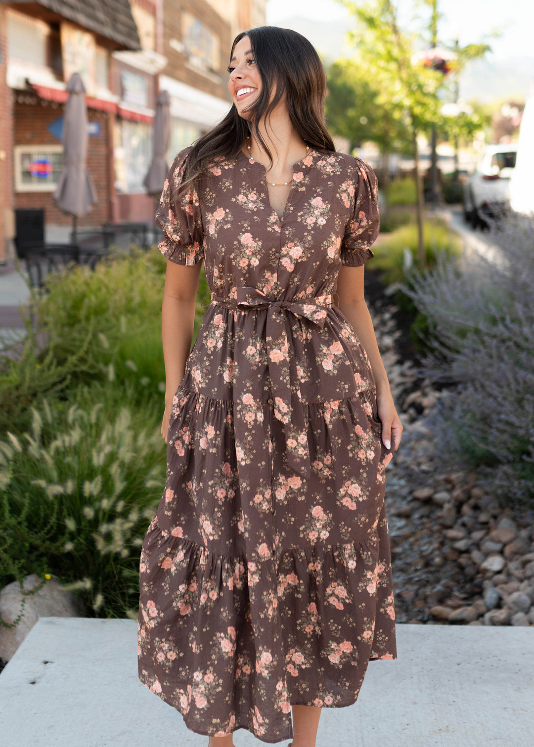 brown and pink dresses Dalia & Floral Tiered Midi Dress – Lena Layne Boden Ibiza range: The Dressy Fall outfits highrestock Size:16.5 34/35