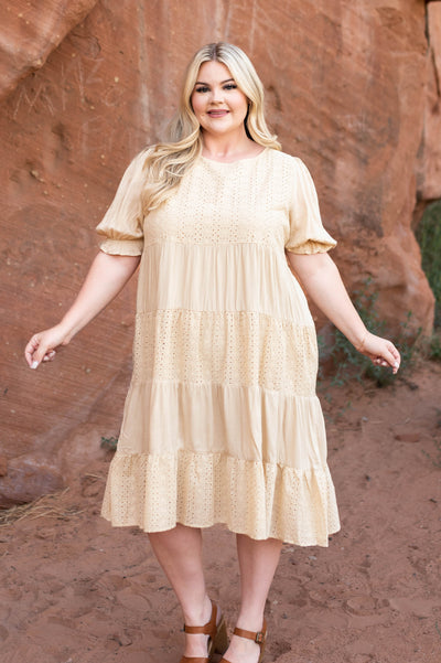 Short sleeve plus size beige dress with eyelet 