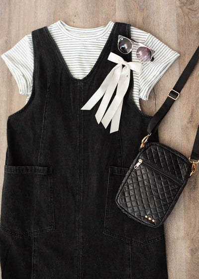 Black denim overall dress photo