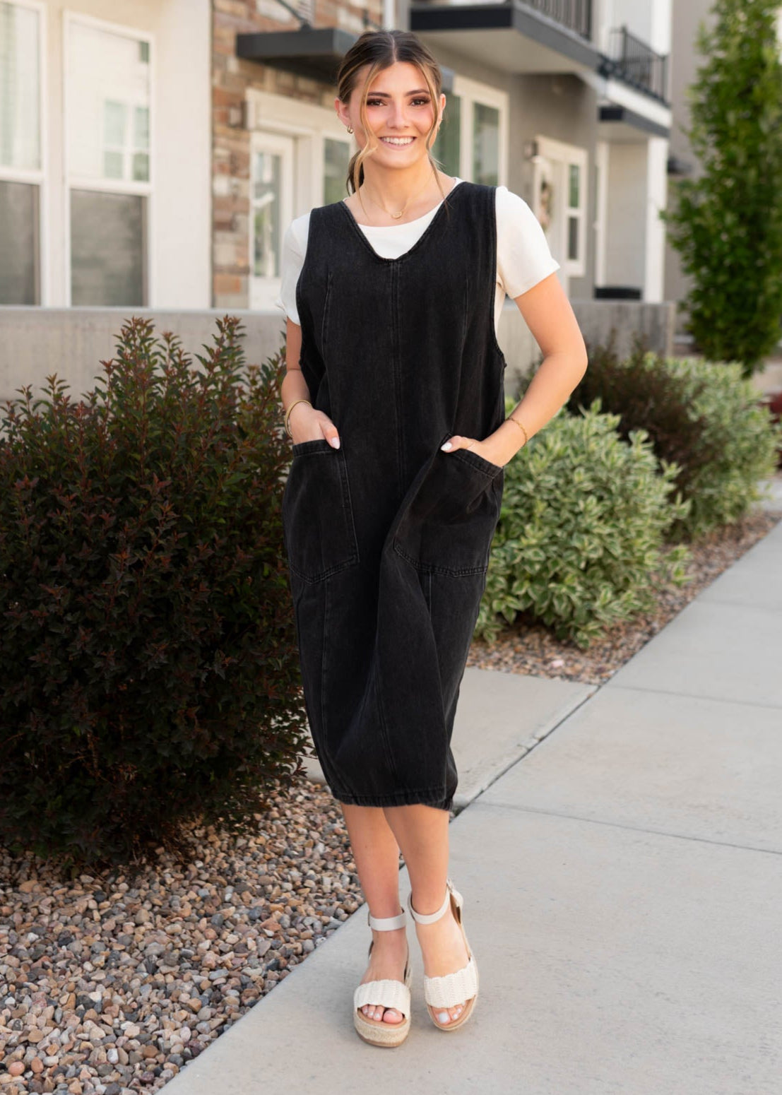 Small black denim overall dress