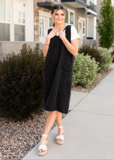 Below the knee black denim overall dress
