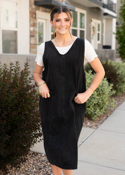 Black denim overall dress