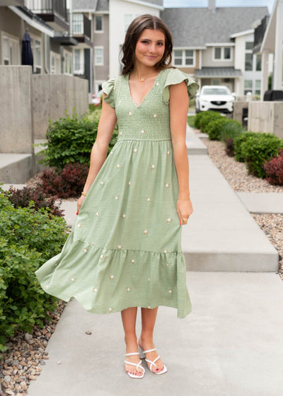 Olive floral embroidered dress with flutter sleeves
