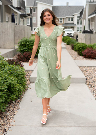 V-neck olive floral embroidered dress