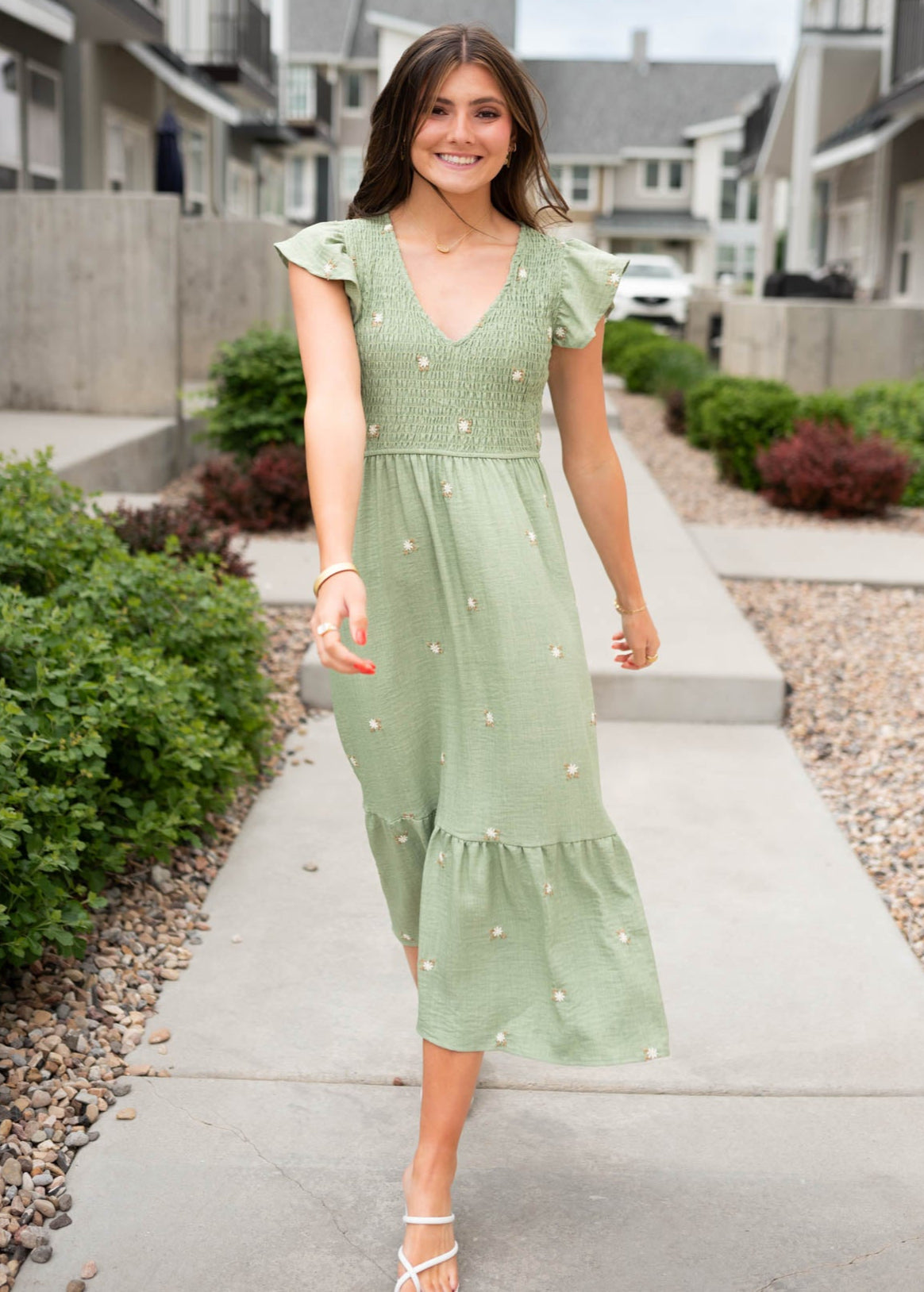 Flutter sleeve olive floral embridered dress