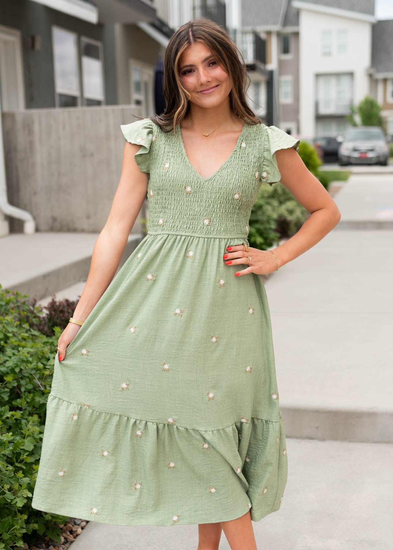 Olive floral embroidered dress