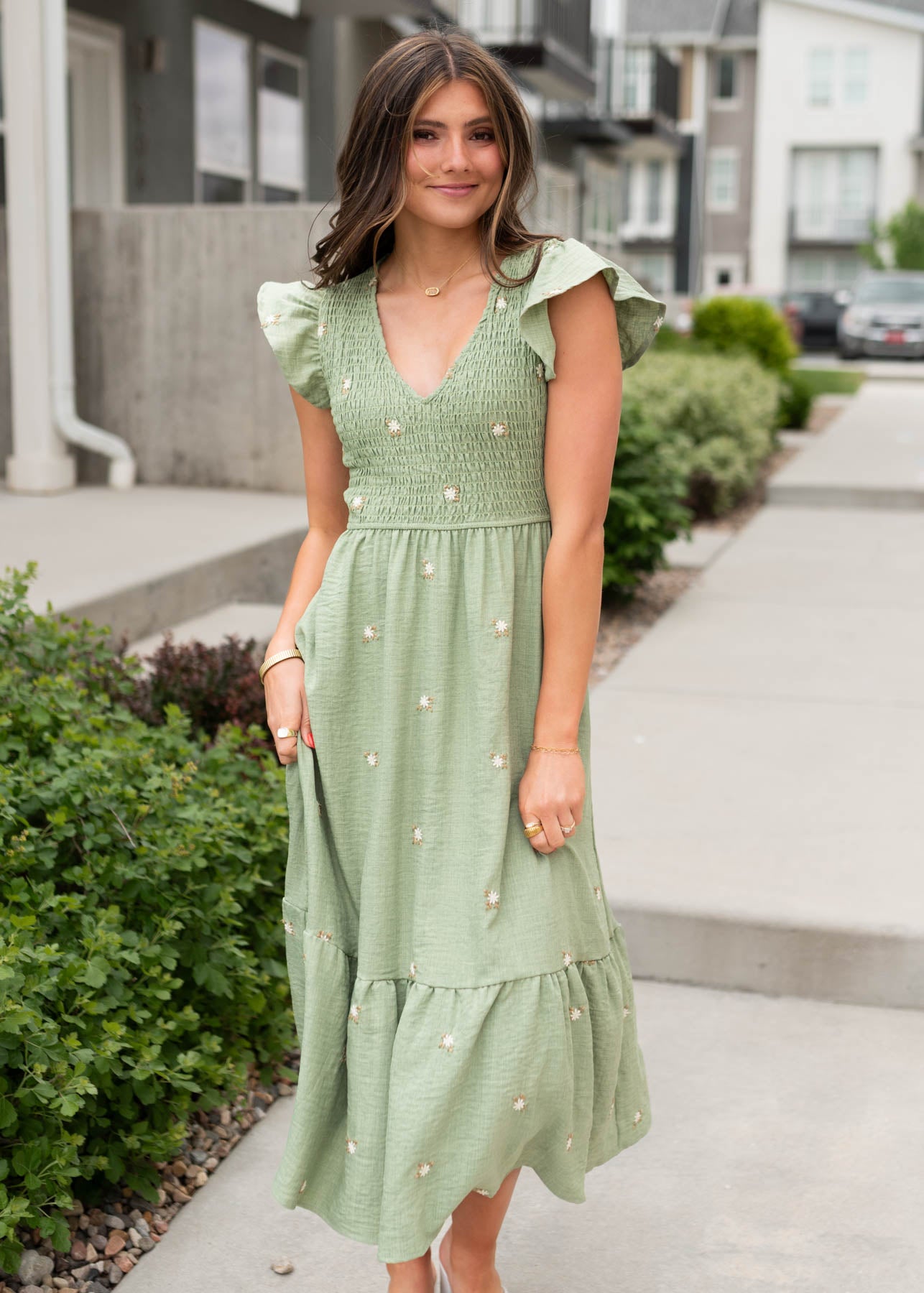 Olive floral embroidered dress with ruffle on the hem