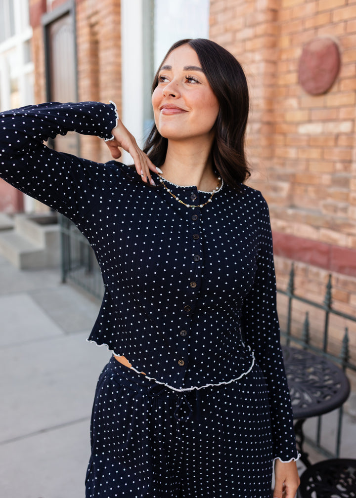Daphne Navy & White Polka Dot Button Up Top | Lena Layne