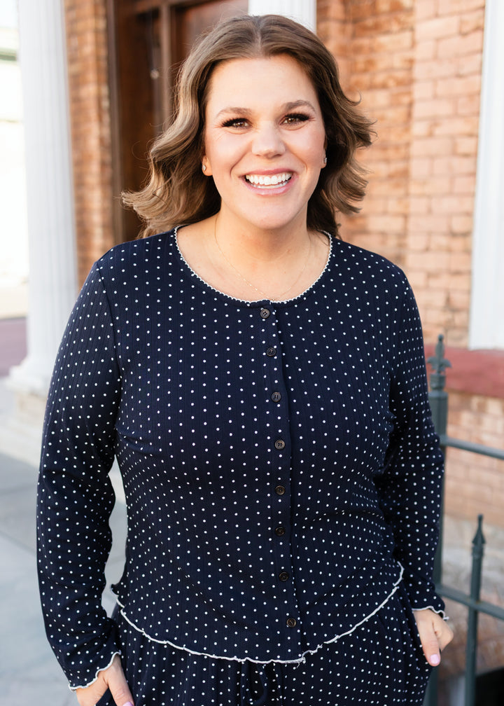 Daphne Navy & White Polka Dot Button Up Top | Lena Layne