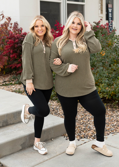 Darla Olive Rib Button Top