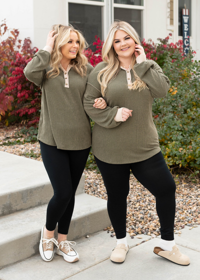 Darla Olive Rib Button Top