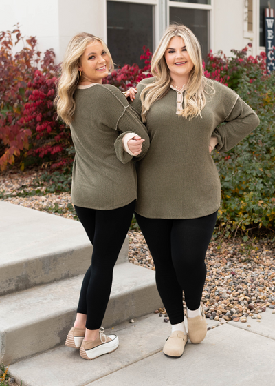 Darla Olive Rib Button Top