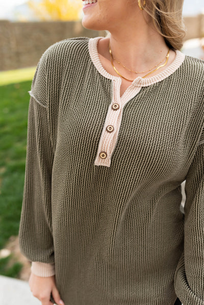 Olive rib top with cream trim and cuffs