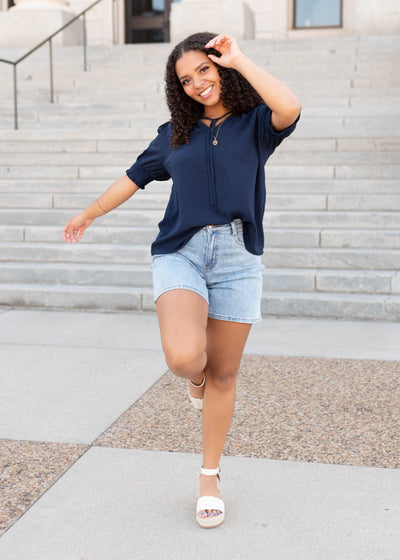 Navy top with elastic cuffs