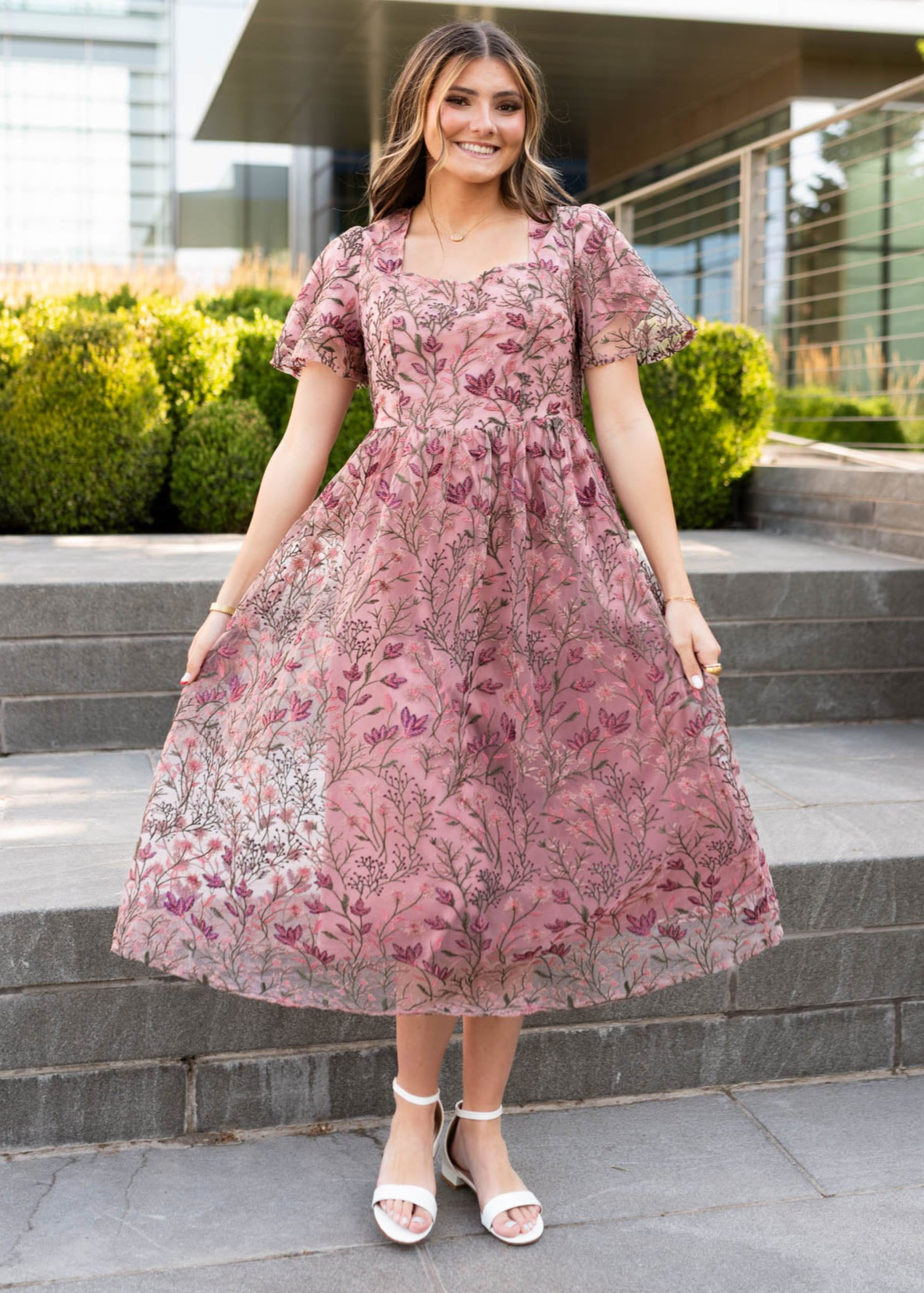 Antique pink embroidered dress with sweetheart neck