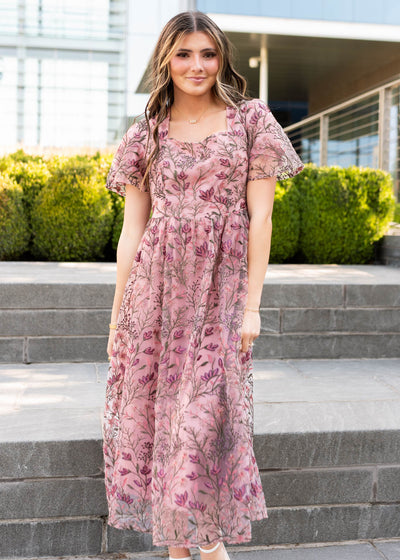 Short sleeve antique pink embroidered dress