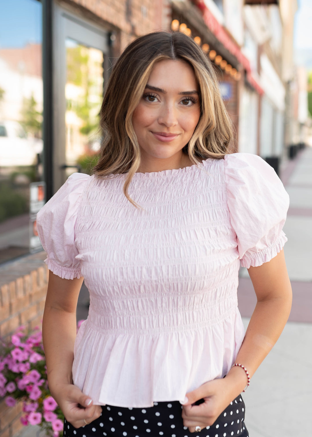 Liten Soufflé Peplum BL ブラウス　ピンク Delilah Pink Smocked Blouse | Lena Layne