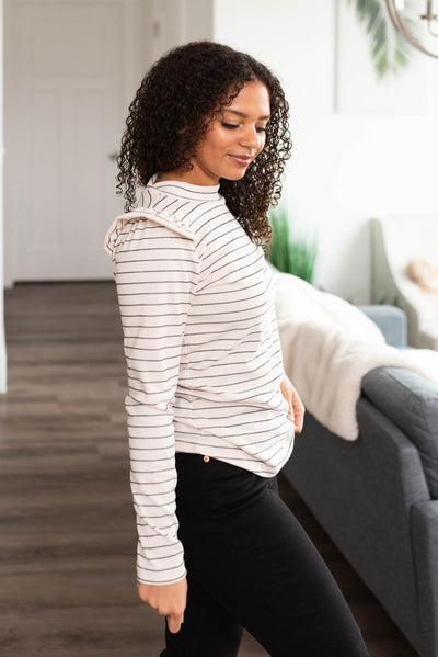 Side view of the stripe ruffle top