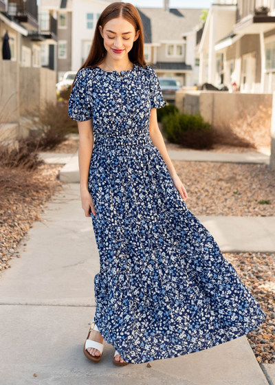Short sleeve navy floral dress
