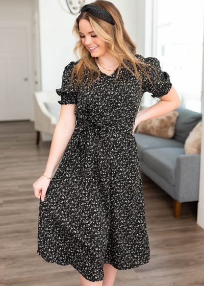 Short sleeve black floral dress