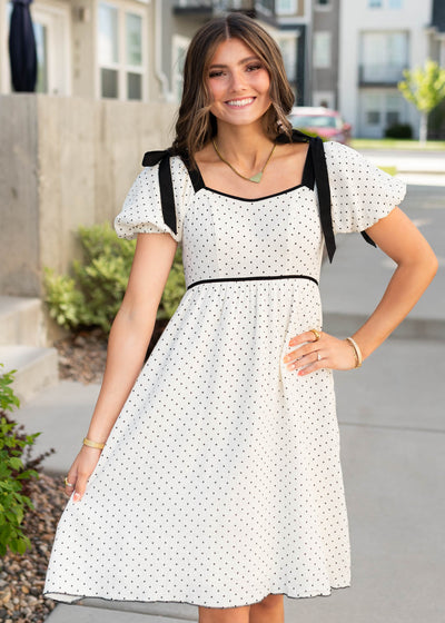 Short sleeve ivory polka dot dress