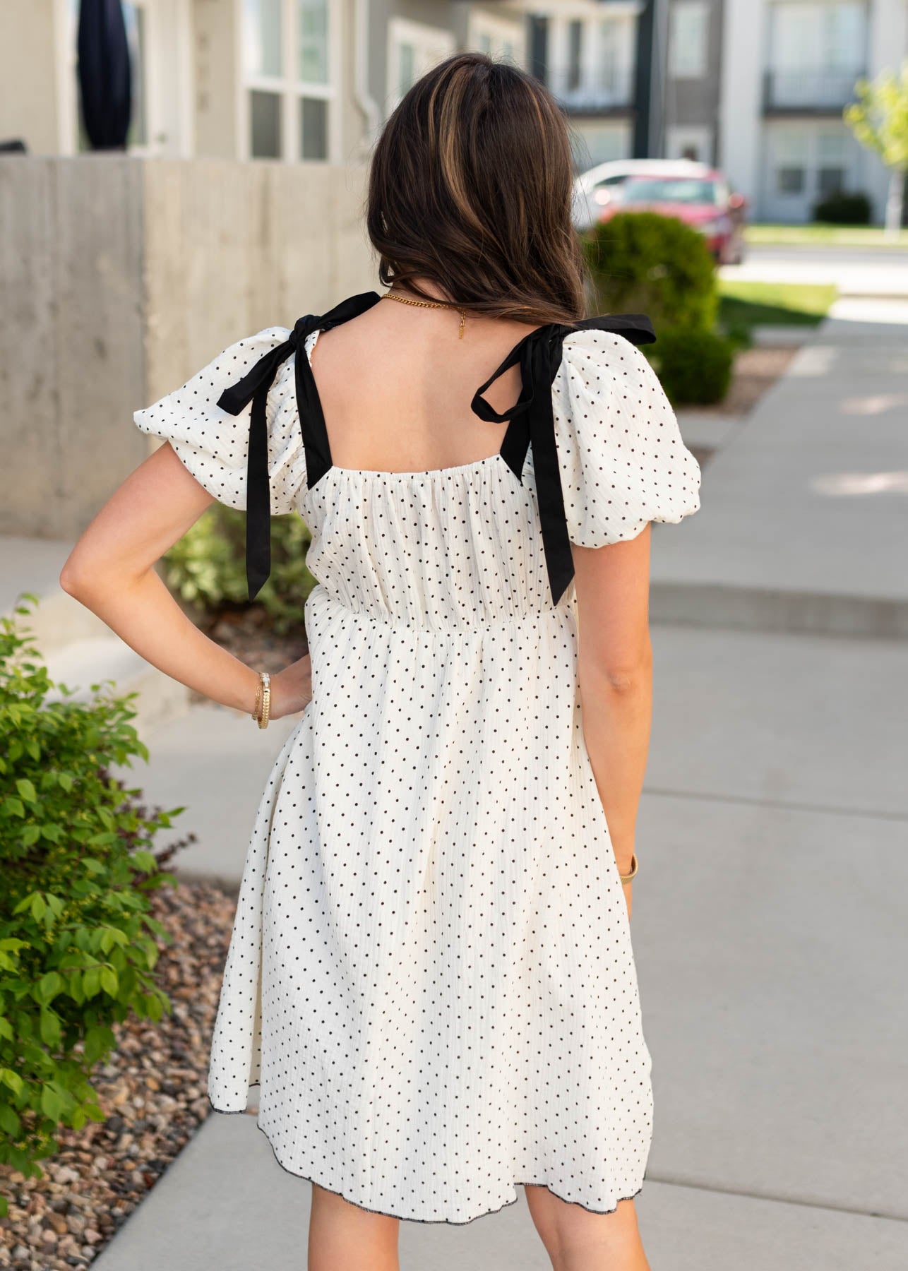 Back view of the ivory polka dot dress