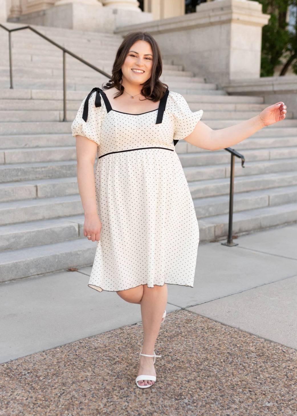 Plus size ivory polka dot dress with short sleeves