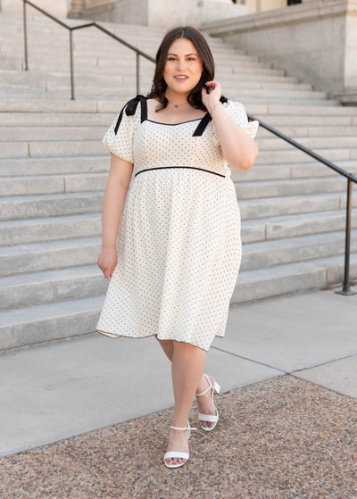 Short sleeve ivory polka dot dress in plus size