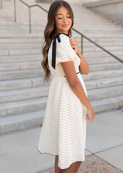 side view of the ivory polka dot dress