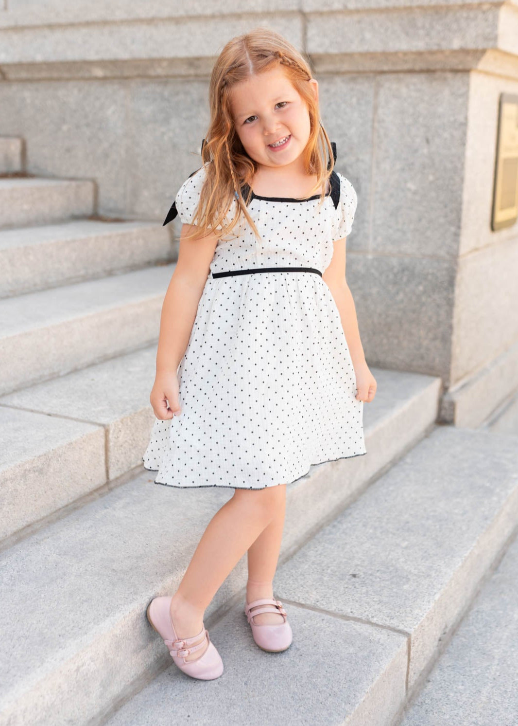 Ivory polka dot little girl dress with short sleeves