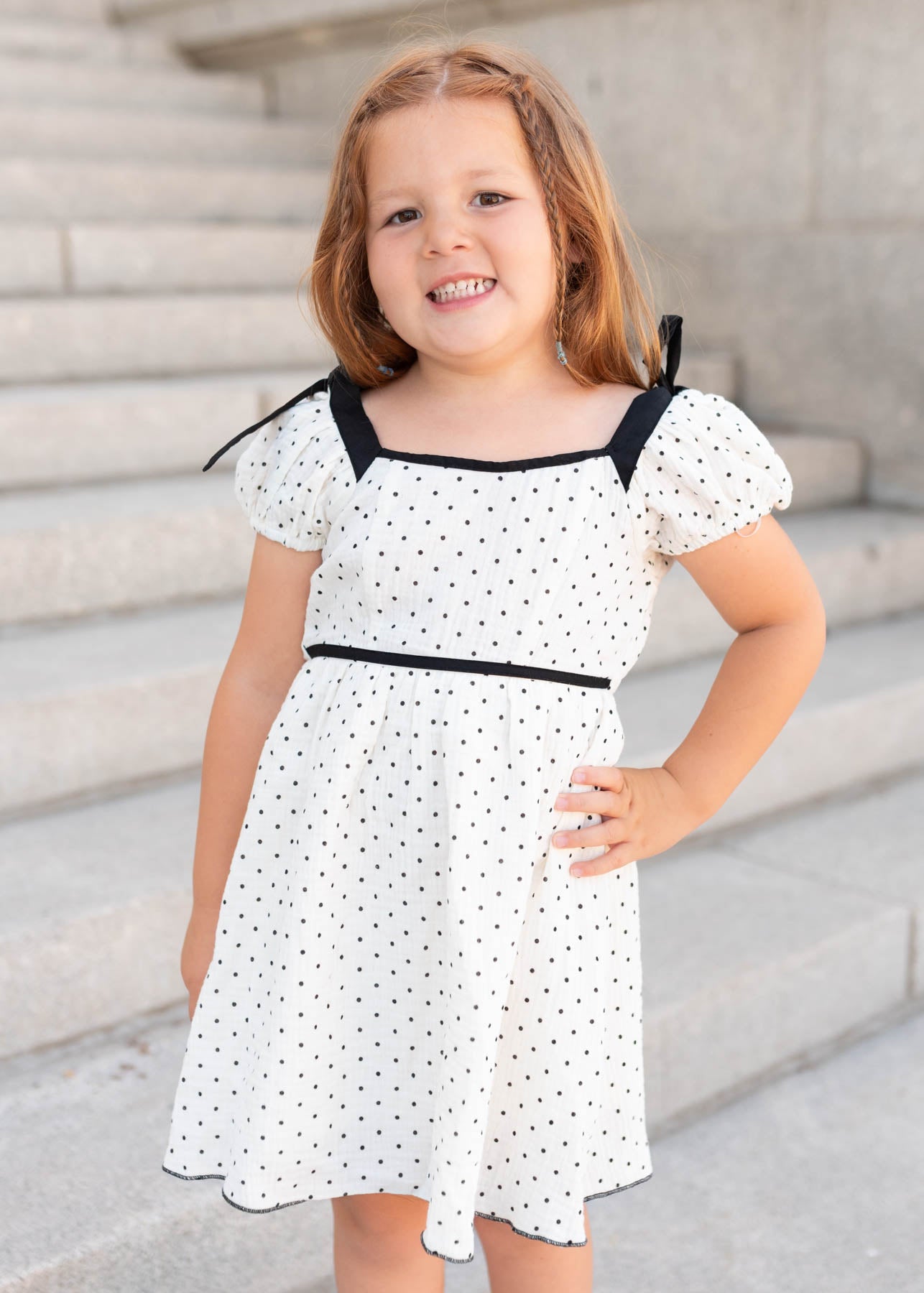 Short sleeve ivory polka dot little girl dress