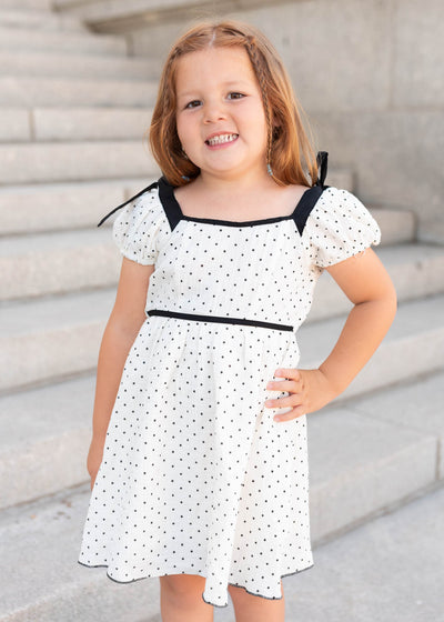 Short sleeve ivory polka dot little girl dress