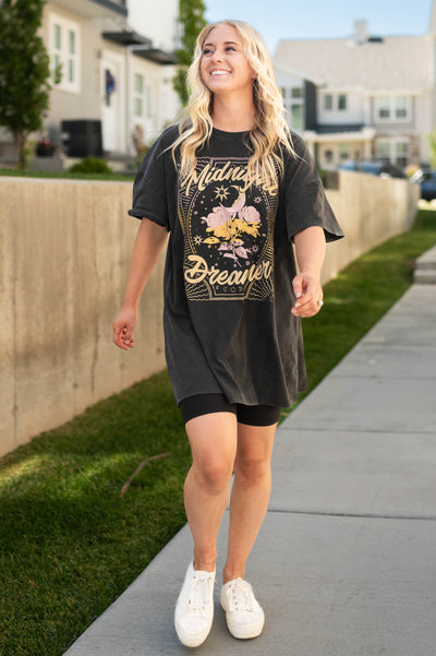 Short sleeve black t-shirt dress with graphic print