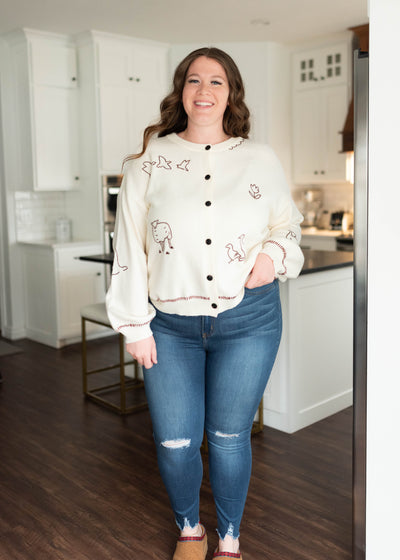 Button up long sleeve cream embroidered cardigan