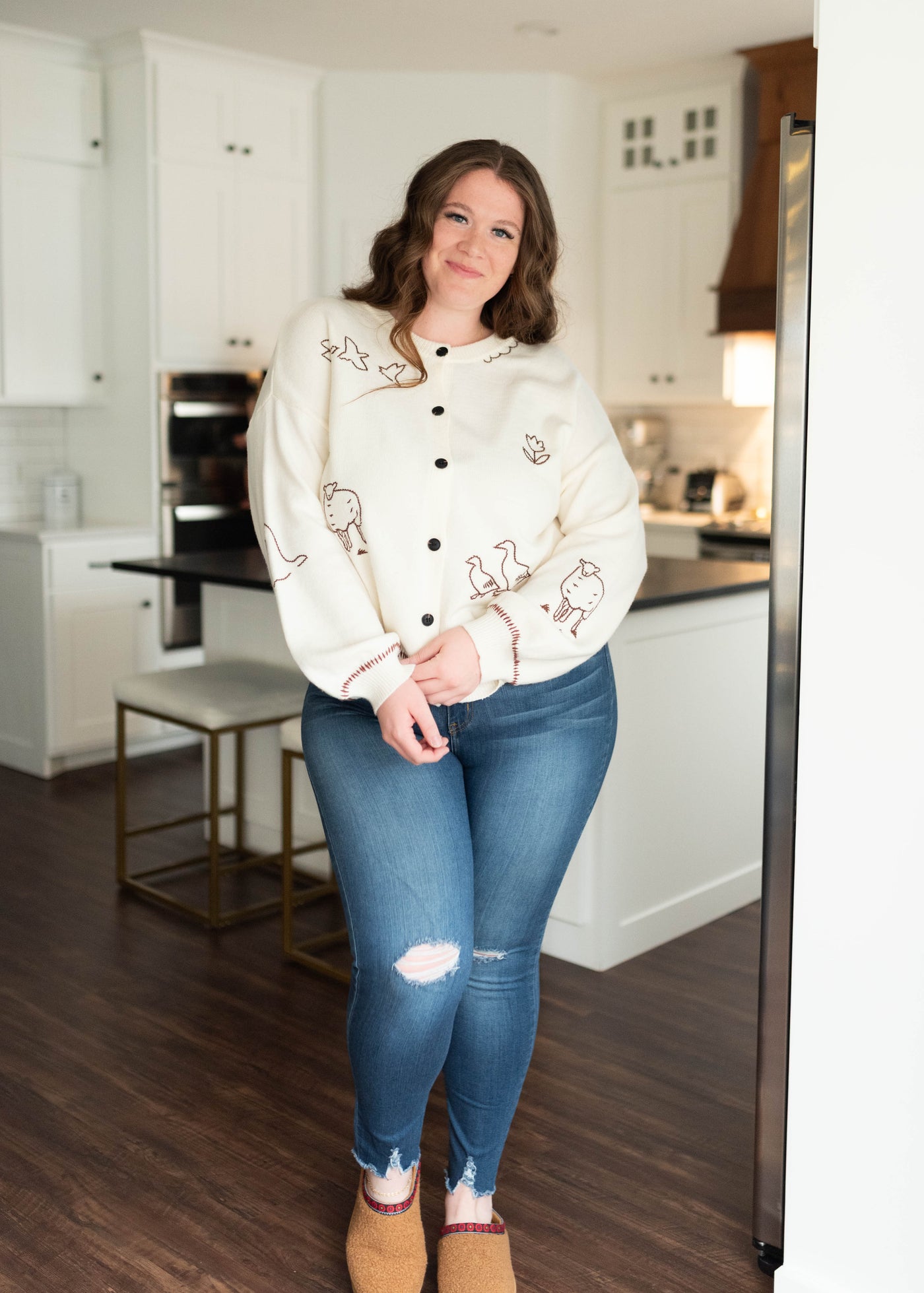 Long sleeve cream embroidered cardigan with farm animals in plus size