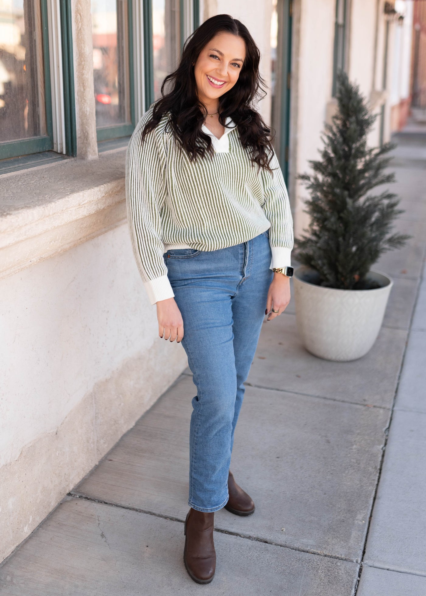 Modest olive striped sweater in size small to x-large