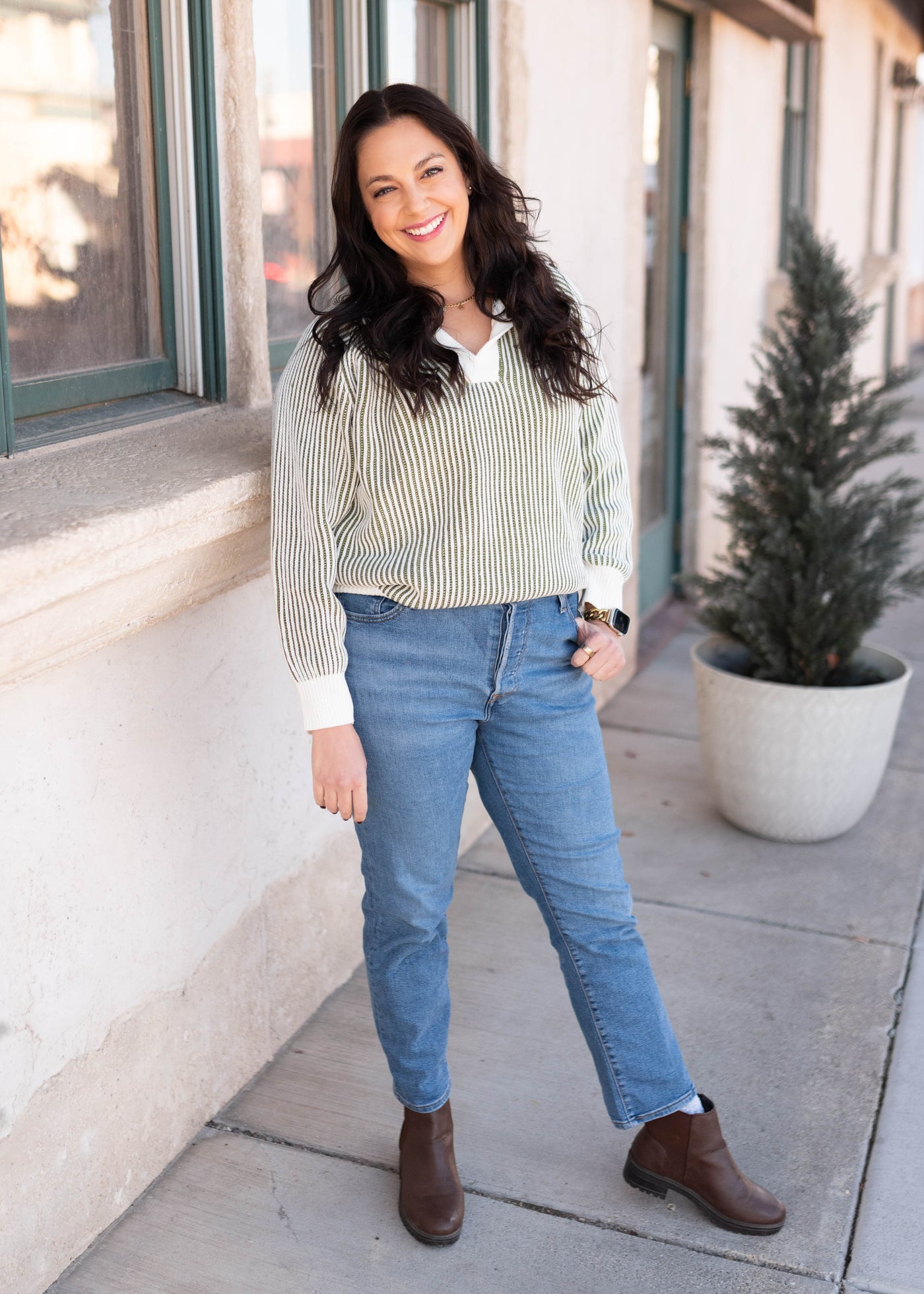 Modest cozy olive striped sweater