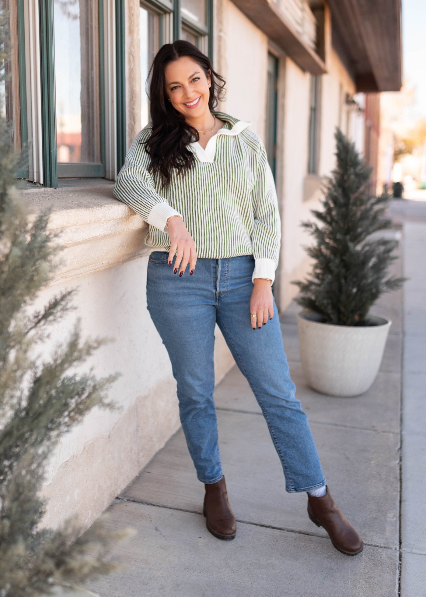 Olive striped sweater hoodie with long sleeves
