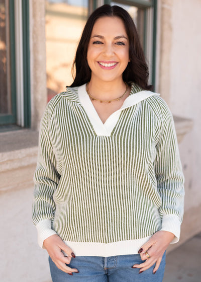 Long sleeve olive striped sweater hoodie with cream trim