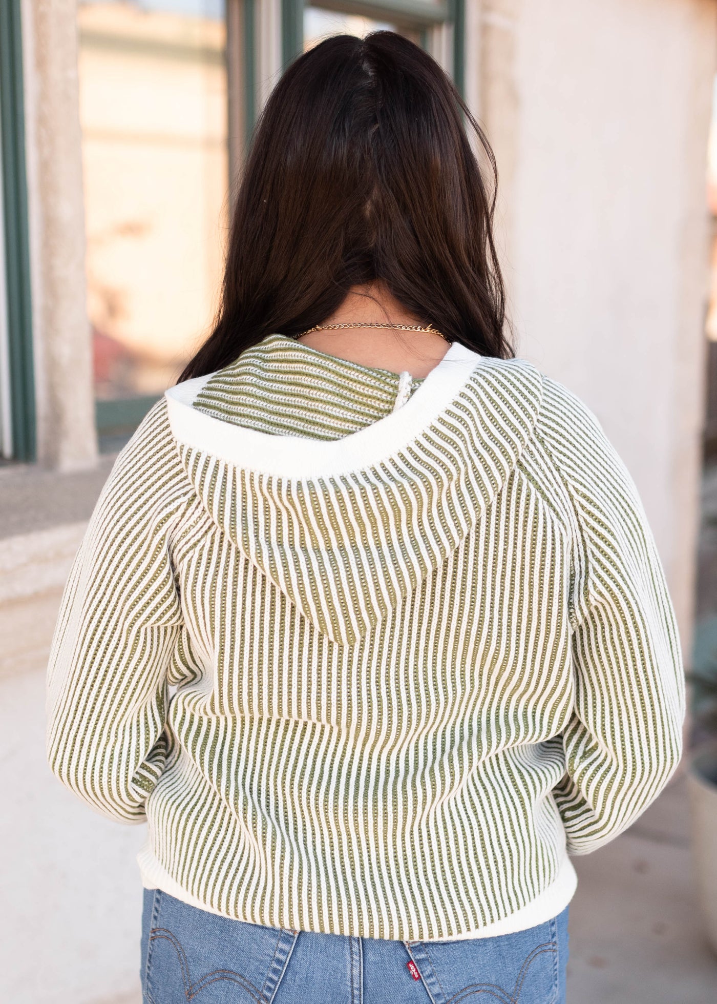 Back view of the live striped sweater hoodie