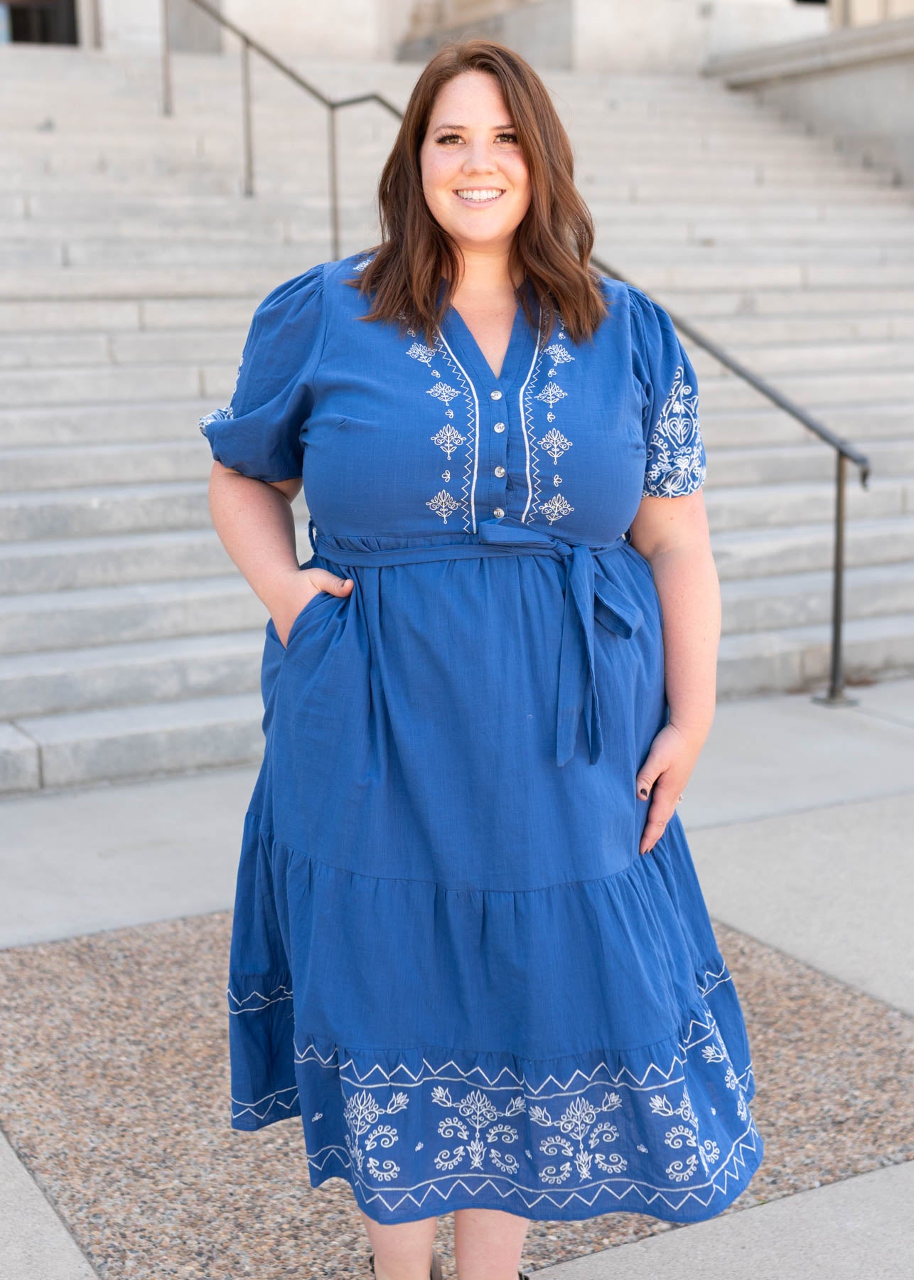 Plus size blue embroidered dress with pocket
