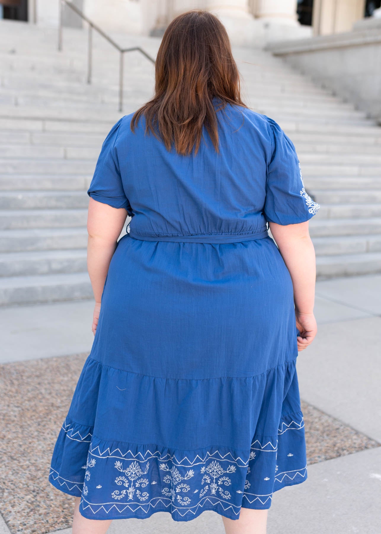 Back view of the Plus size blue embroidered dress