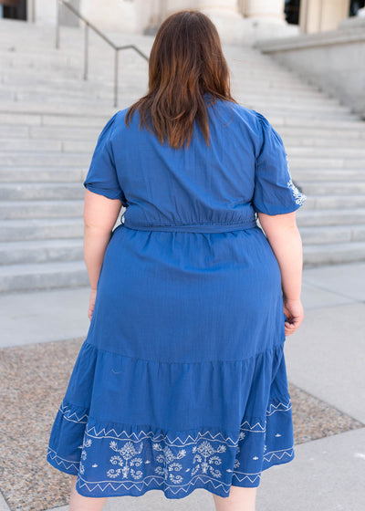 Back view of the Plus size blue embroidered dress