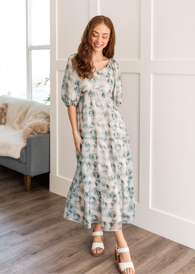 Green floral dress with short sleeves