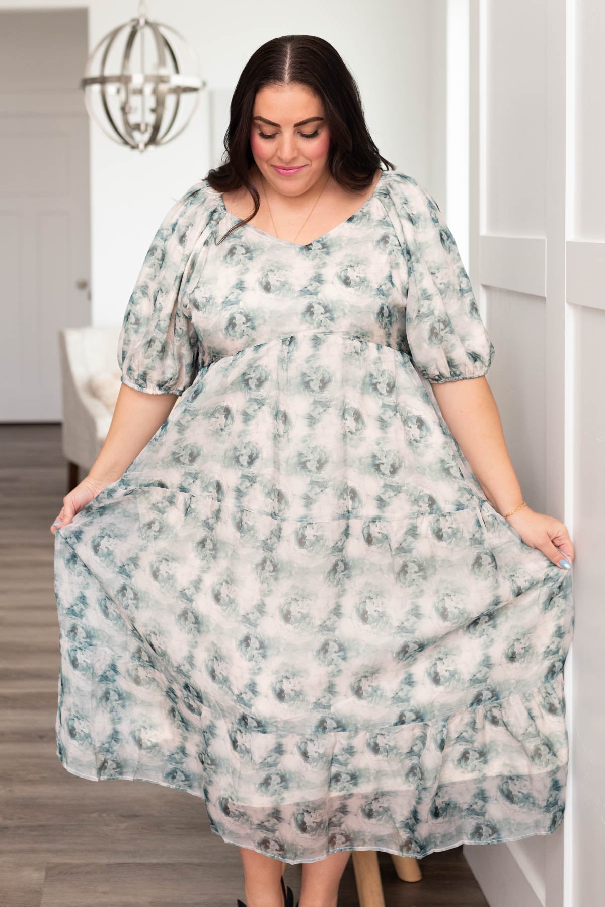 Short sleeve plus size green floral dress