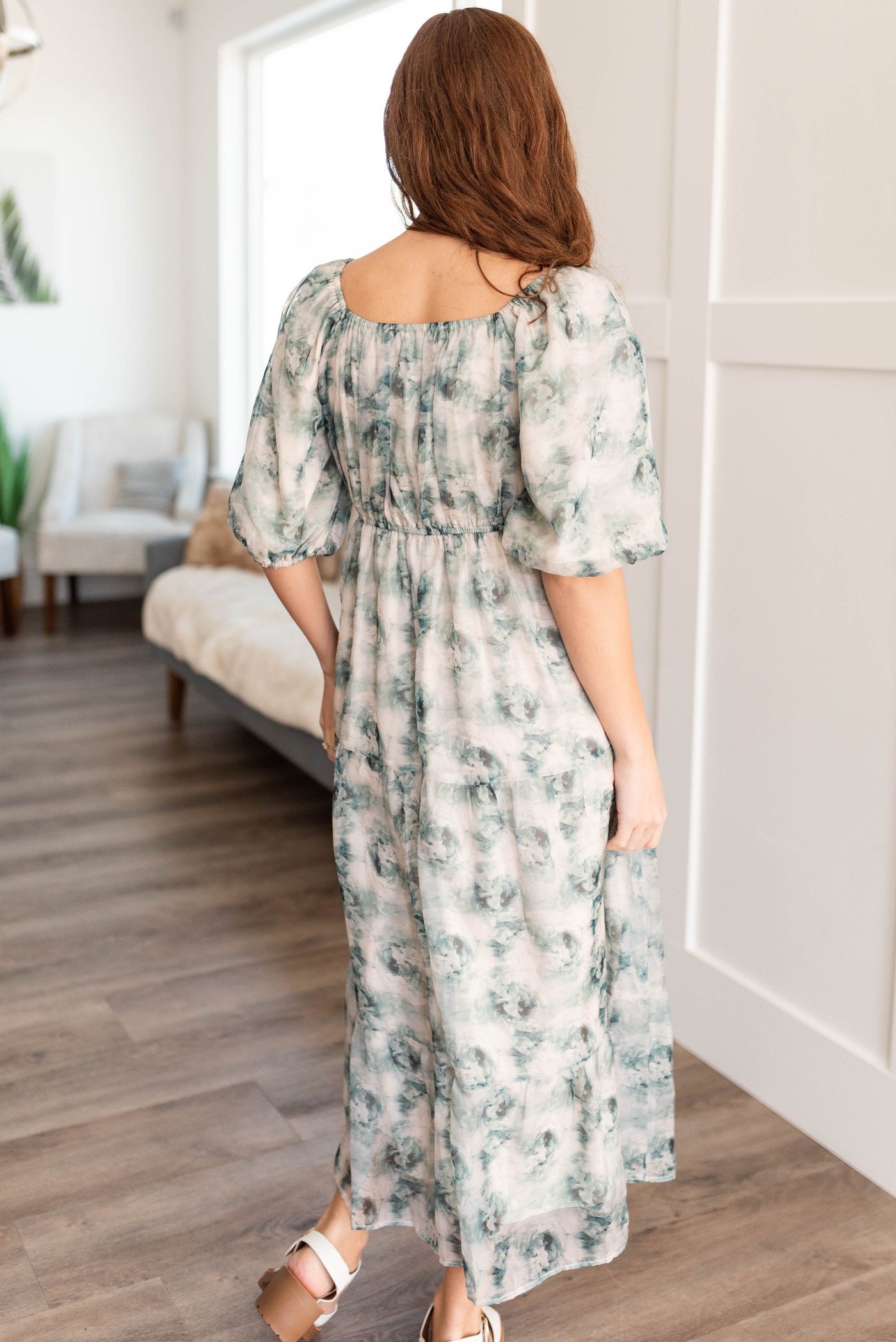 Back view of the green floral dress