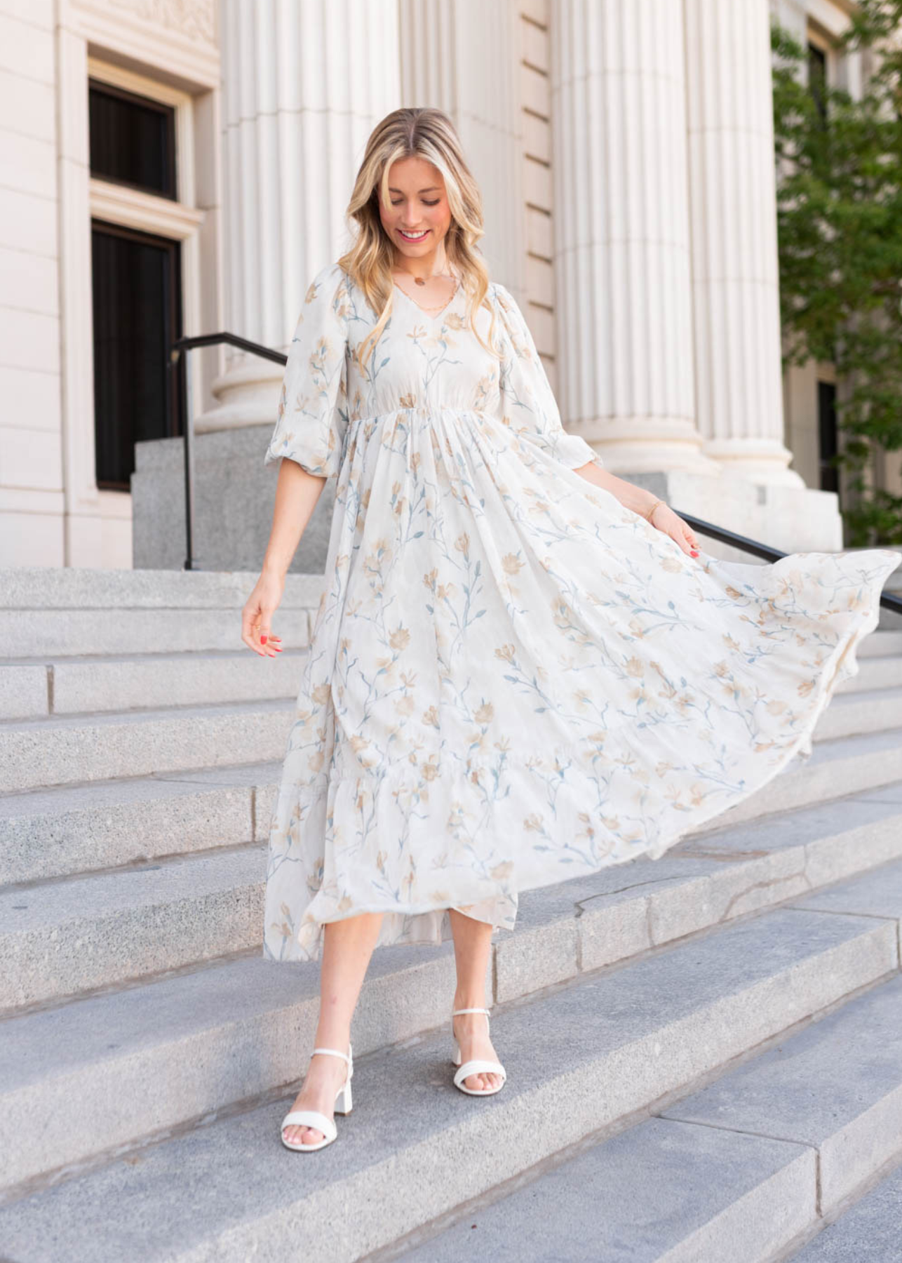 Cream flower dress with a v-neck